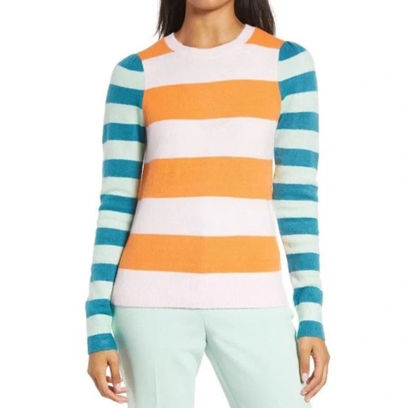 Halogen Sweaters - NWT Halogen X Atlantic-Pacific Mix Stripe Puff Sleeve Sweater Pink Mix Stripe M